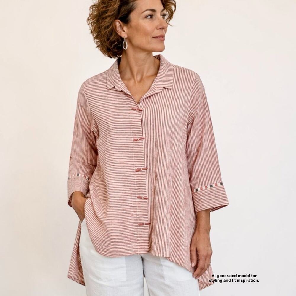 Habitat Clothes Tunic Top Size M Pink Stripe Lagenlook Asymmetric Crinkle Cotton